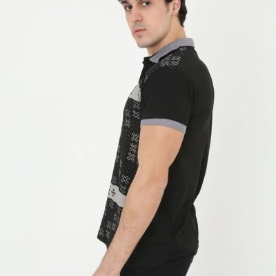 Erkek Polo Yaka tişört Slim Fit Baskılı Kısa kol T-Shirt - Siyah